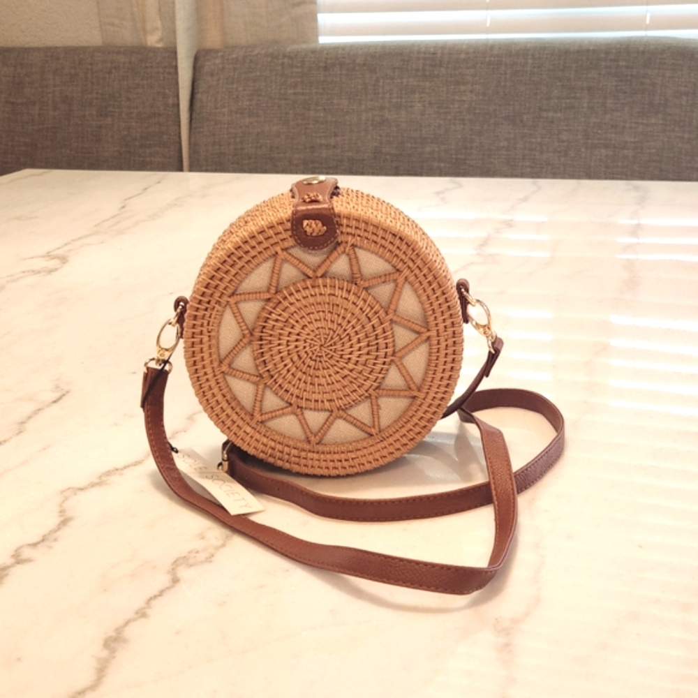 Round Tan and Brown Woven Crossbody Bag